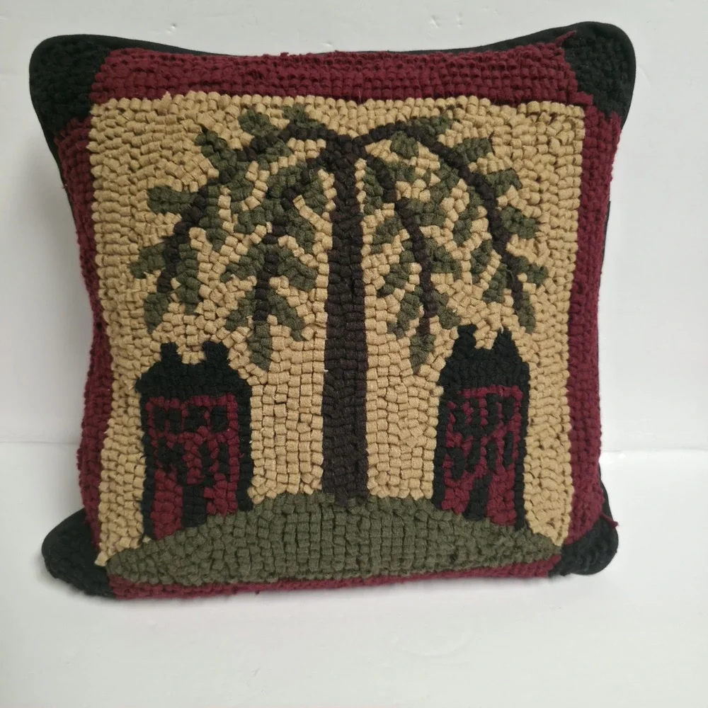 Primitive Folk Art Hooked Wool Pillow Willow Tree Saltbox House Country Decor